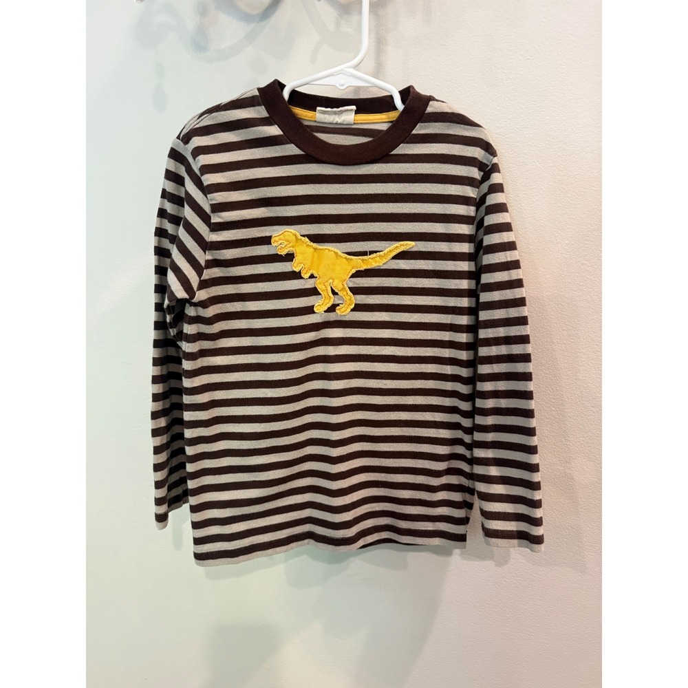 Mini Boden Kids Brown Striped Dinosaur Applique Long Sleeve T-Shirt Size 5-6Y